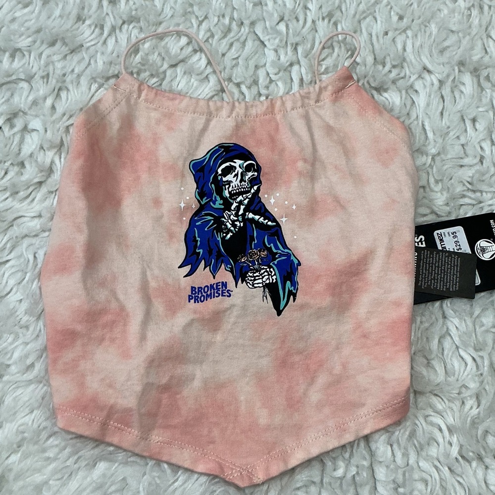 Broken Promises Grim Reaper Tie Dye Halter Tank Pink Handkerchief Top Size M